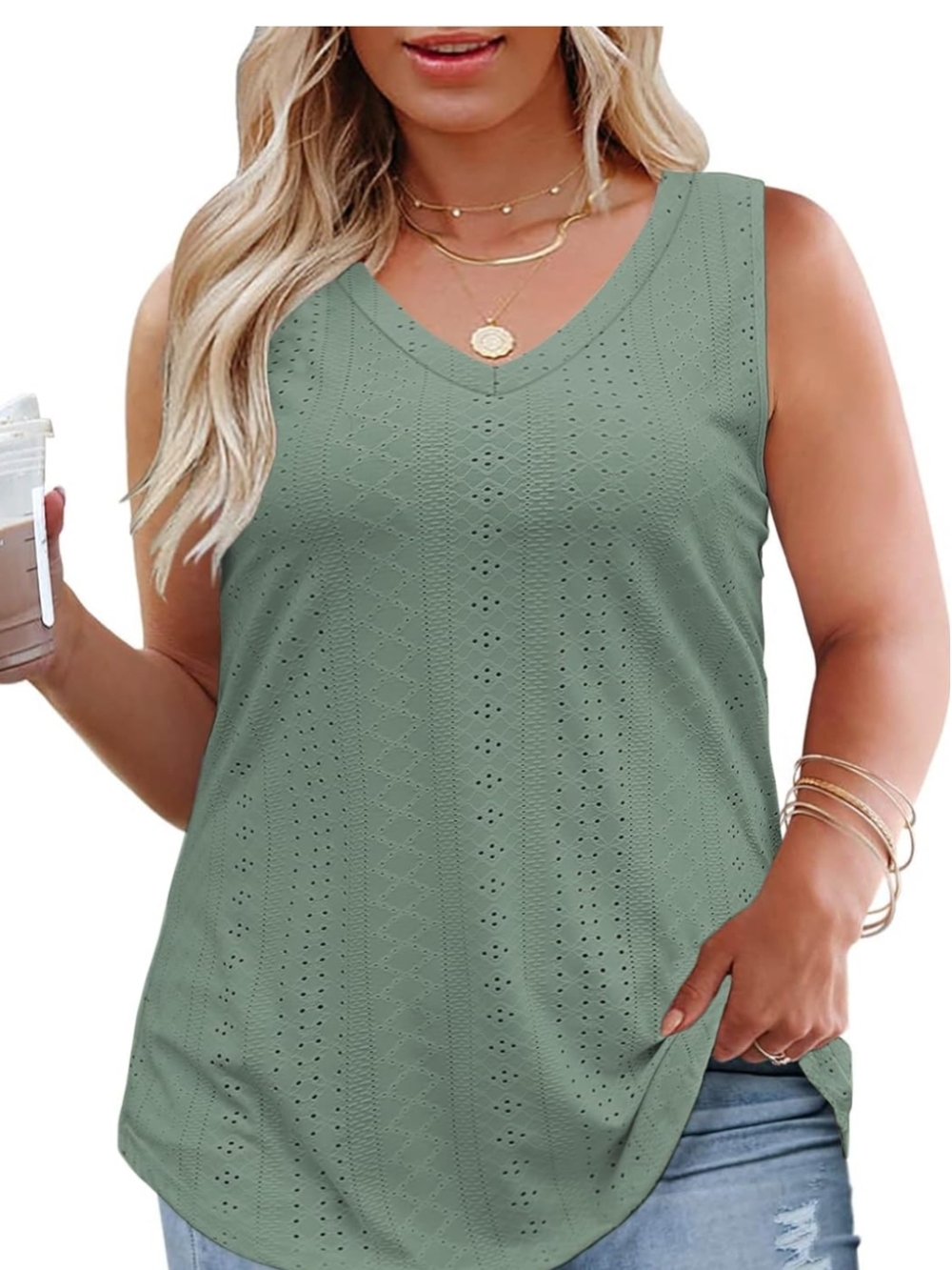 ROSSRISS - SIZE 1XL  V-Neck Eyelet Tank Top